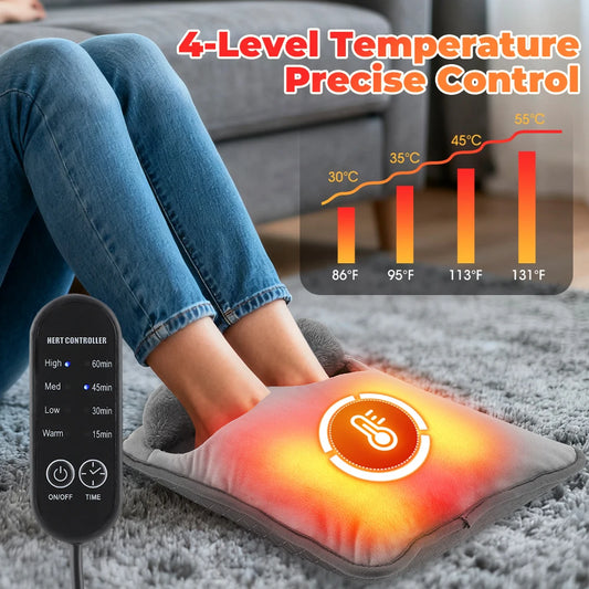 4 Heat Levels & 4 Timers Electric Foot Heating Pad  Household Soft Plush Winter Warm Mat for Fast Heating Bed Office Use